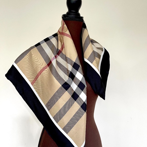 Display # 1 Burberry Scarf Classic Beige Check Black Border Silk Wrap - Picture 5 of 15